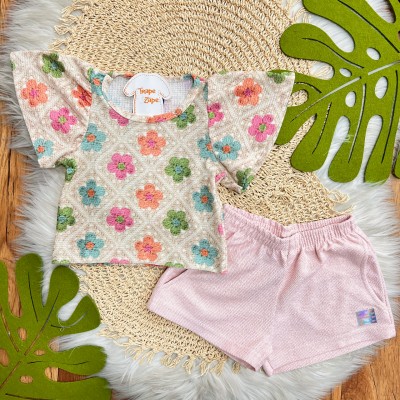 Conj. Blusa Manga Flare Flores Tipo Crochê e Short em Linho - Areia